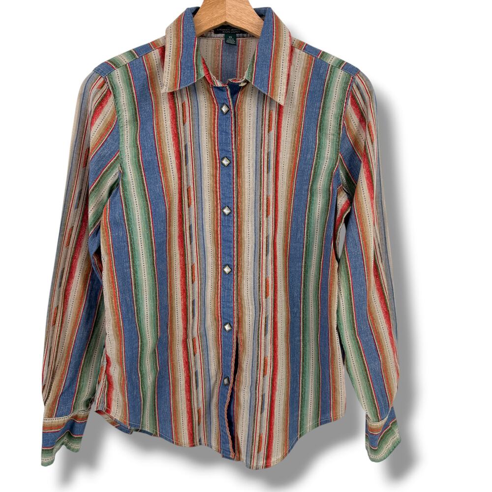 Vintage Ralph Lauren Western Pearl Snap Stripe Shirt Womens Size XS Cotton